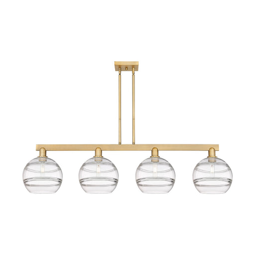 Innovations Rochester 53in 4-Light Island Light | Industrial Brushed Brass Steel and Clear Glass | Kitchen Island & Dining | Model 716-4I-BB-G556-10CL