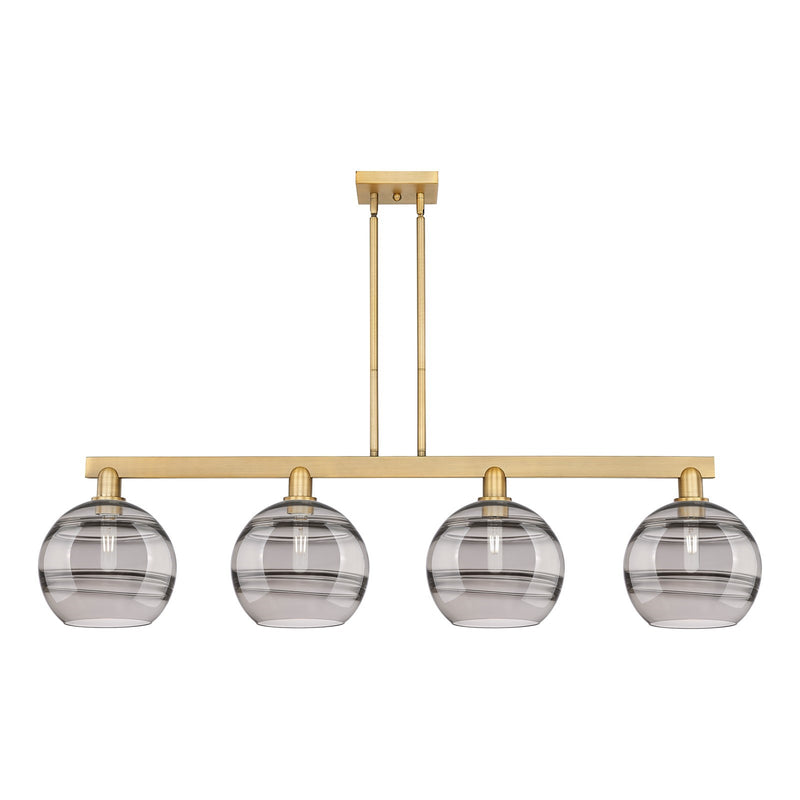 Innovations Rochester 53in 4-Light Island Light | Industrial Brushed Brass and Light Smoke Glass | Kitchen Island & Dining | Model 716-4I-BB-G556-10SM