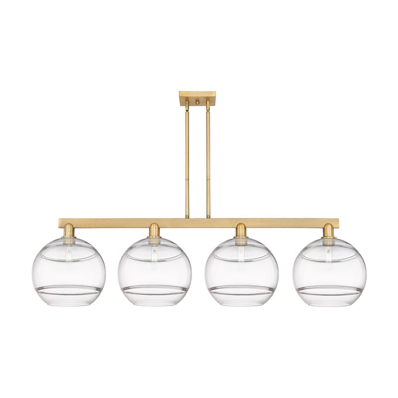 Innovations Rochester 55in 4-Light Island Light | Industrial Brushed Brass Steel and Clear Glass | Kitchen Island & Dining | Model 716-4I-BB-G556-12CL