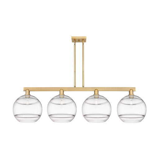 Innovations Rochester 55in 4-Light Island Light | Industrial Brushed Brass Steel and Clear Glass | Kitchen Island & Dining | Model 716-4I-BB-G556-12CL