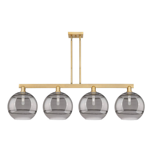 Innovations Rochester 55in 4-Light Island Light | Industrial Brushed Brass Steel and Light Smoke Glass | Kitchen Island & | Model 716-4I-BB-G556-12SM