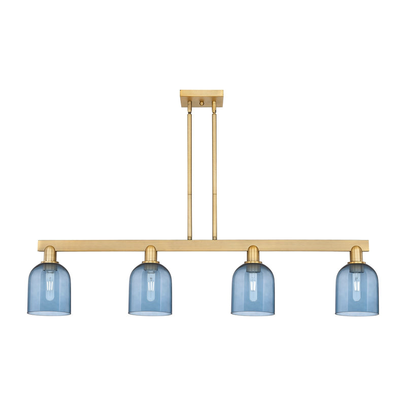 Innovations Bella 48in 4-Light Island Light | Industrial Brushed Brass Steel and Blue Glass | Kitchen Island & Dining Room | Model 716-4I-BB-G558-6BL