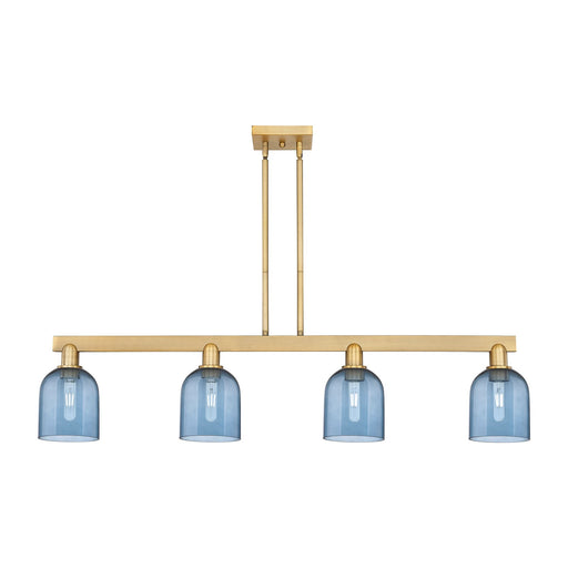 Innovations Bella 48in 4-Light Island Light | Industrial Brushed Brass Steel and Blue Glass | Kitchen Island & Dining Room | Model 716-4I-BB-G558-6BL