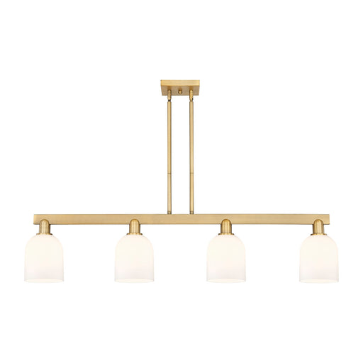 Innovations Bella 48in 4-Light Island Light | Industrial Brushed Brass and White Glass | Kitchen Island & Dining Room | Model 716-4I-BB-G558-6GWH