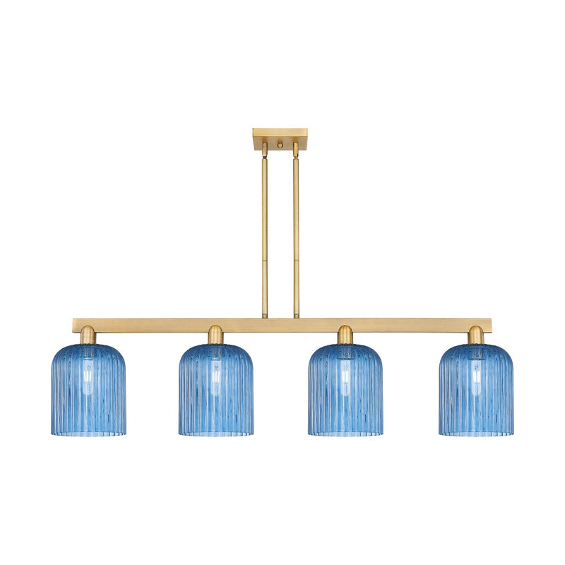 Innovations Bridal Veil 51in 4-Light Island Light | Industrial Brushed Brass and Princess Blue Ribbed Glass | Kitchen Island & | Model 716-4I-BB-G559-8BL