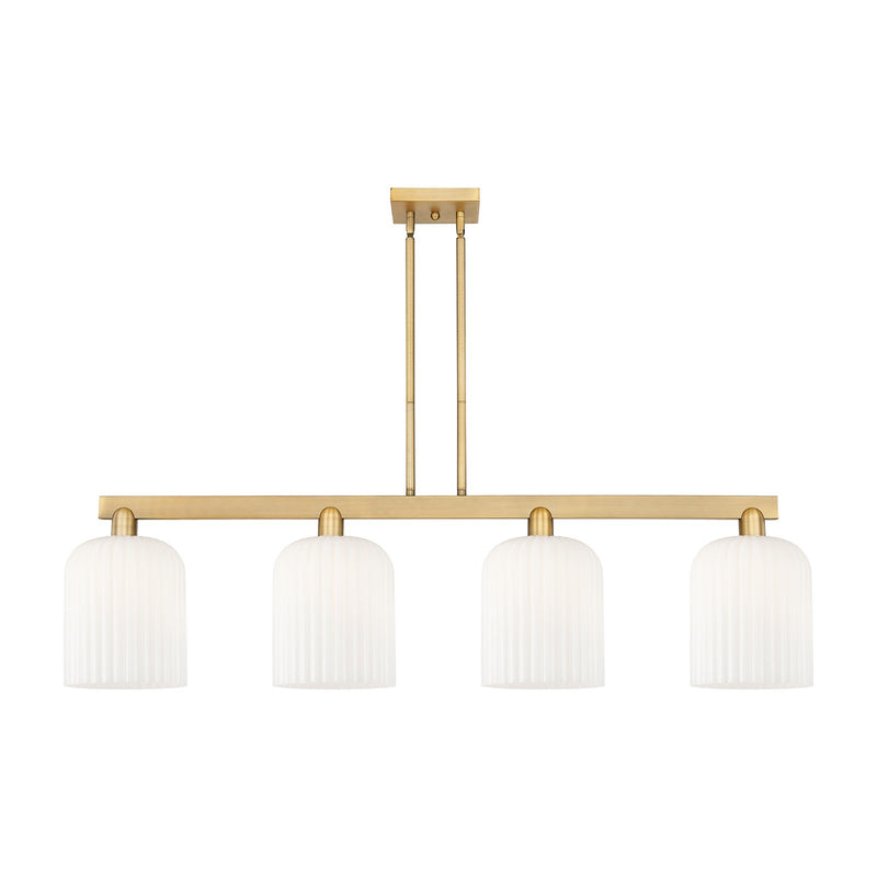 Innovations Bridal Veil 51in 4-Light Island Light | Industrial Brushed Brass and Gloss White Ribbed Glass | Kitchen Island & | Model 716-4I-BB-G559-8GWH