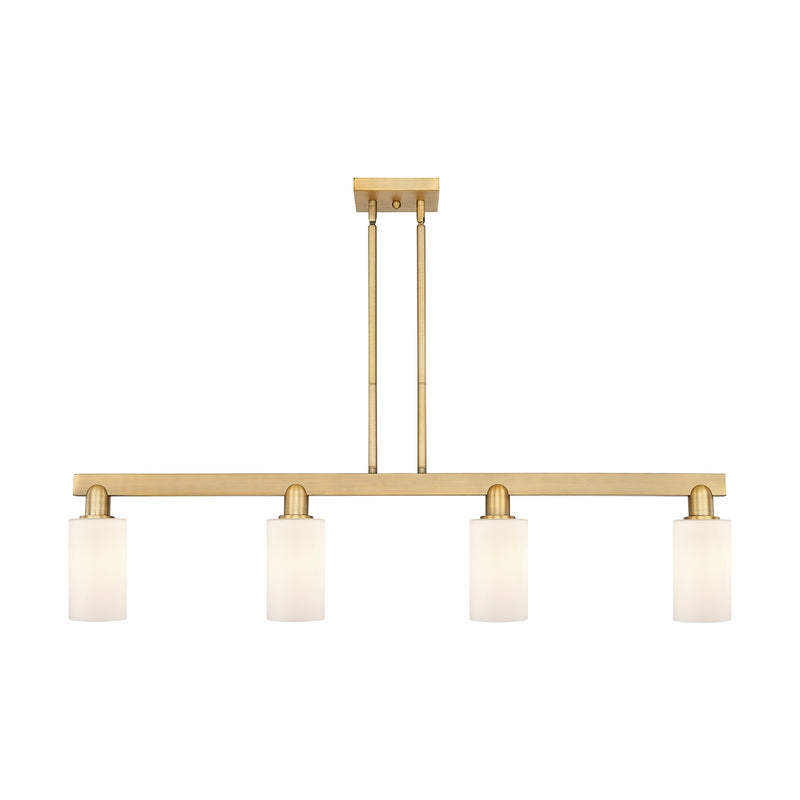 Innovations Clymer 47in 4-Light Island Light | Industrial Brushed Brass Steel and Matte White Glass | Kitchen Island & Dining Room | Model 716-4I-BB-G801