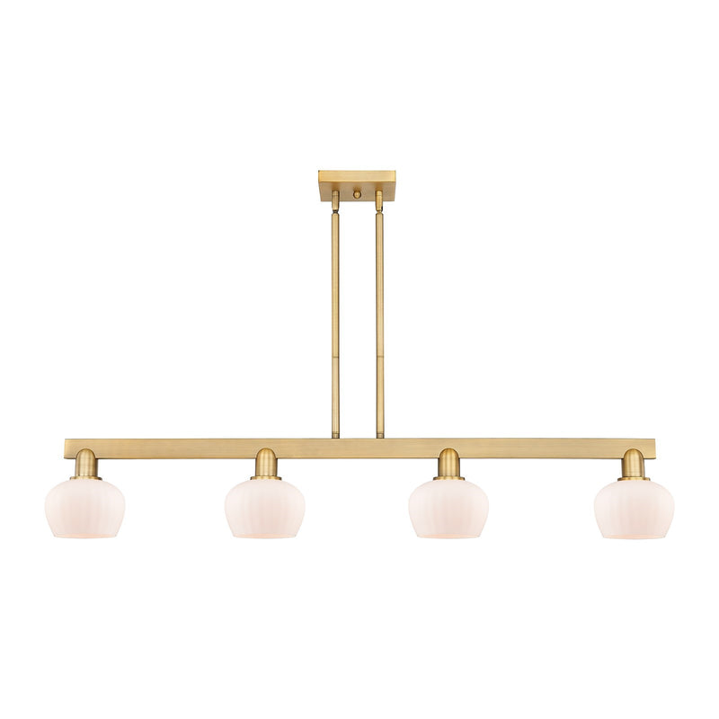 Innovations Fenton 49in 4-Light Island Light | Industrial Brushed Brass Steel and Matte White Ribbed Glass | Kitchen Island & Dining | Model 716-4I-BB-G91