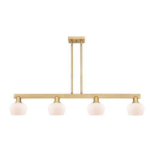 Innovations Fenton 49in 4-Light Island Light | Industrial Brushed Brass Steel and Matte White Ribbed Glass | Kitchen Island & Dining | Model 716-4I-BB-G91