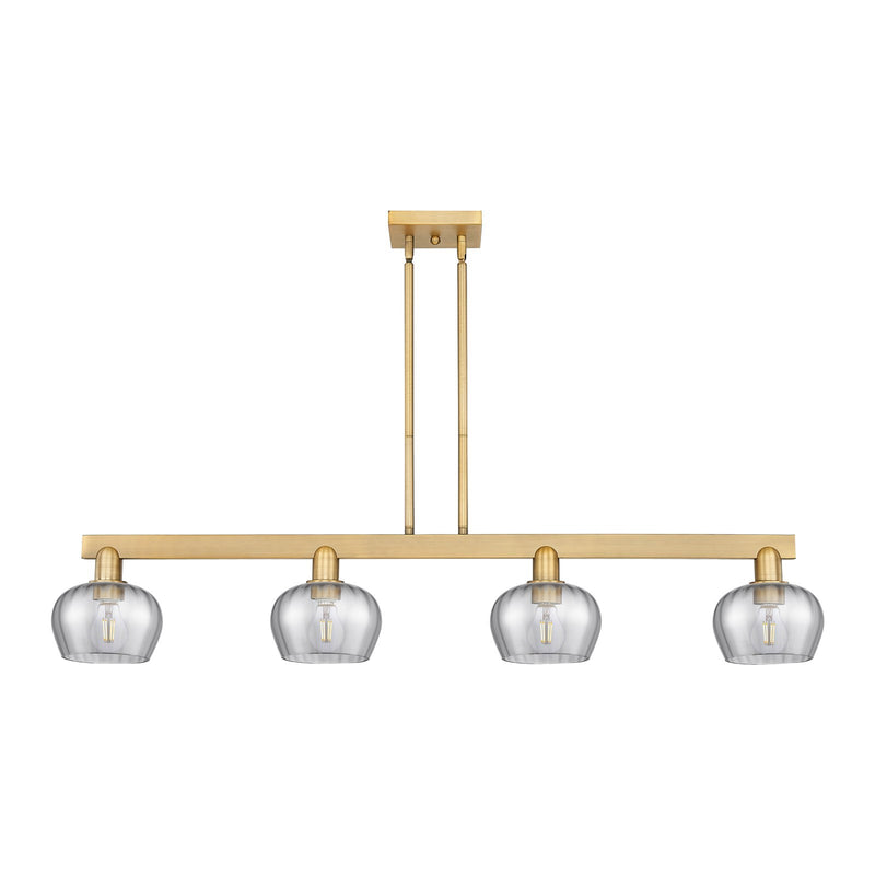 Innovations Fenton 49in 4-Light Island Light | Industrial Brushed Brass Steel and Light Smoke Ribbed Glass | Kitchen Island & Dining | Model 716-4I-BB-G93