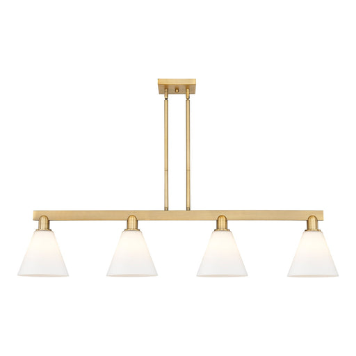 Innovations Berkshire Glass 51in 4-Light Island Light | Industrial Brushed Brass Steel and Matte White Glass | Kitchen Island & | Model 716-4I-BB-GBC-81