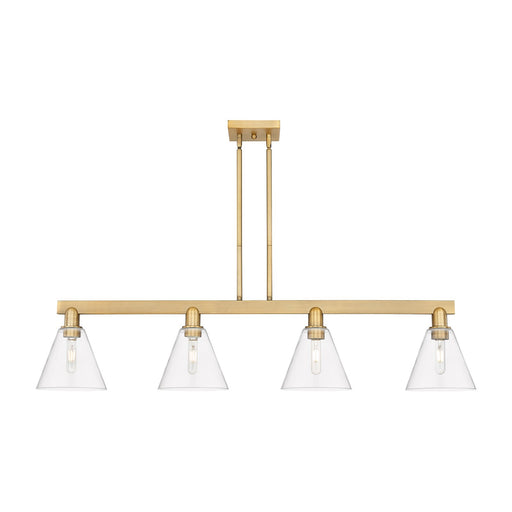 Innovations Berkshire Glass 51in 4-Light Island Light | Industrial Brushed Brass Steel and Clear Glass | Kitchen Island & Dining | Model 716-4I-BB-GBC-82
