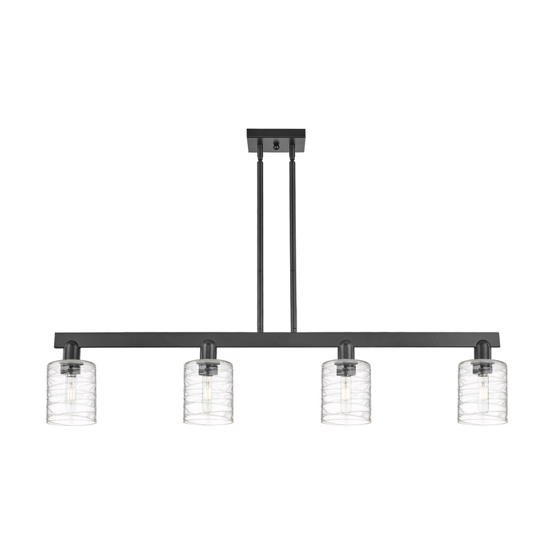 Innovations Cobbleskill 48in 4-Light Island Light | Industrial Matte Black Steel and Deco Swirl Clear Glass | Kitchen Island & | Model 716-4I-BK-G1113