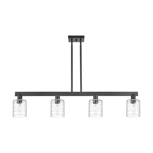 Innovations Cobbleskill 48in 4-Light Island Light | Industrial Matte Black Steel and Deco Swirl Clear Glass | Kitchen Island & | Model 716-4I-BK-G1113