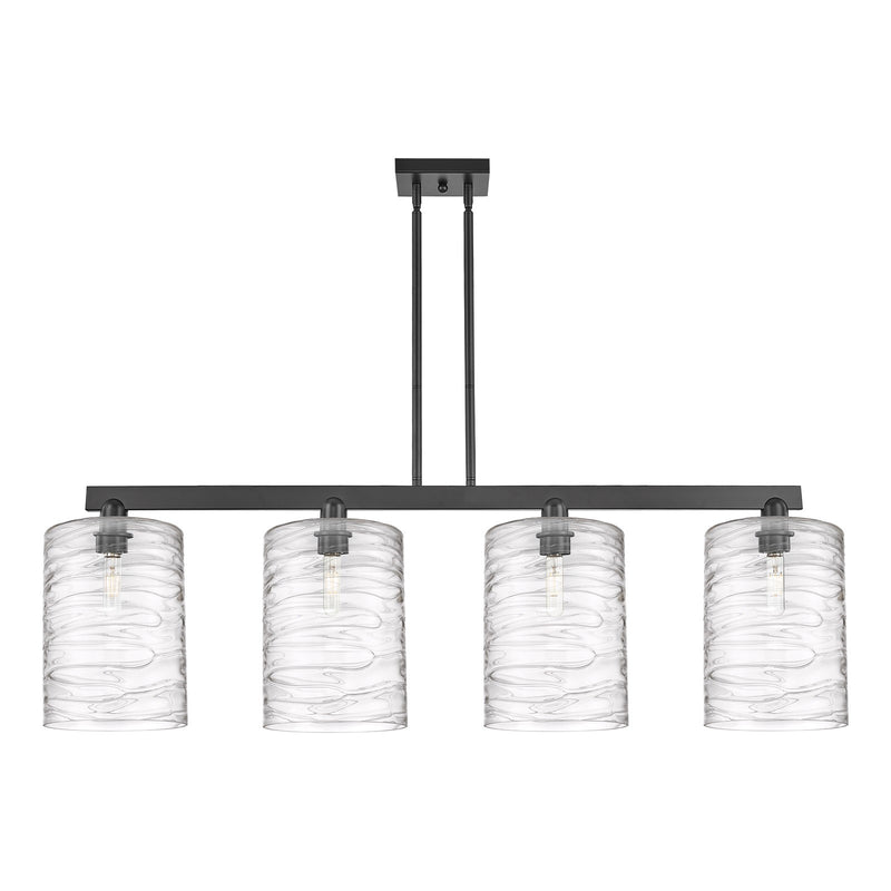 Innovations Lighting Cobbleskill 52in 4-Light Island Light | Industrial Matte Black Steel and Deco Swirl Glass | Kitchen Island | Model 716-4I-BK-G1113-L