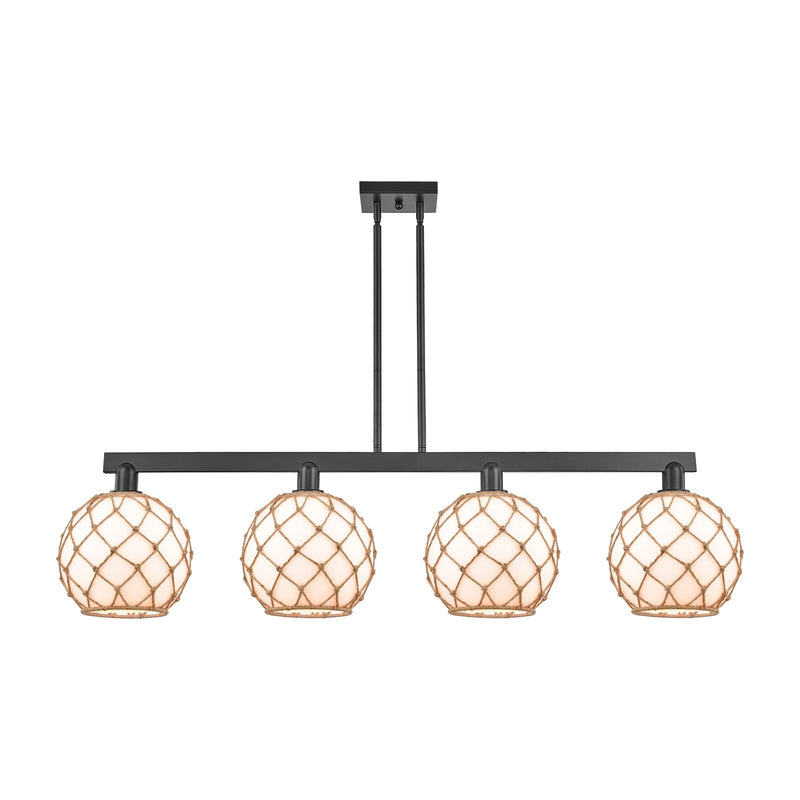 Innovations Farmhouse Rope 53in 4-Light Island Light | Industrial Matte Black Steel and Matte White Glass with Rope | Kitchen | Model 716-4I-BK-G121-10RB
