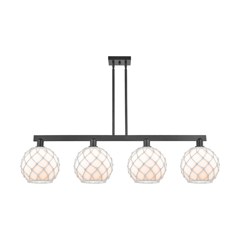 Innovations Farmhouse Rope 53in 4-Light Island Light | Industrial Matte Black Steel and White Glass with Rope Shade | Kitchen | Model 716-4I-BK-G121-10RW