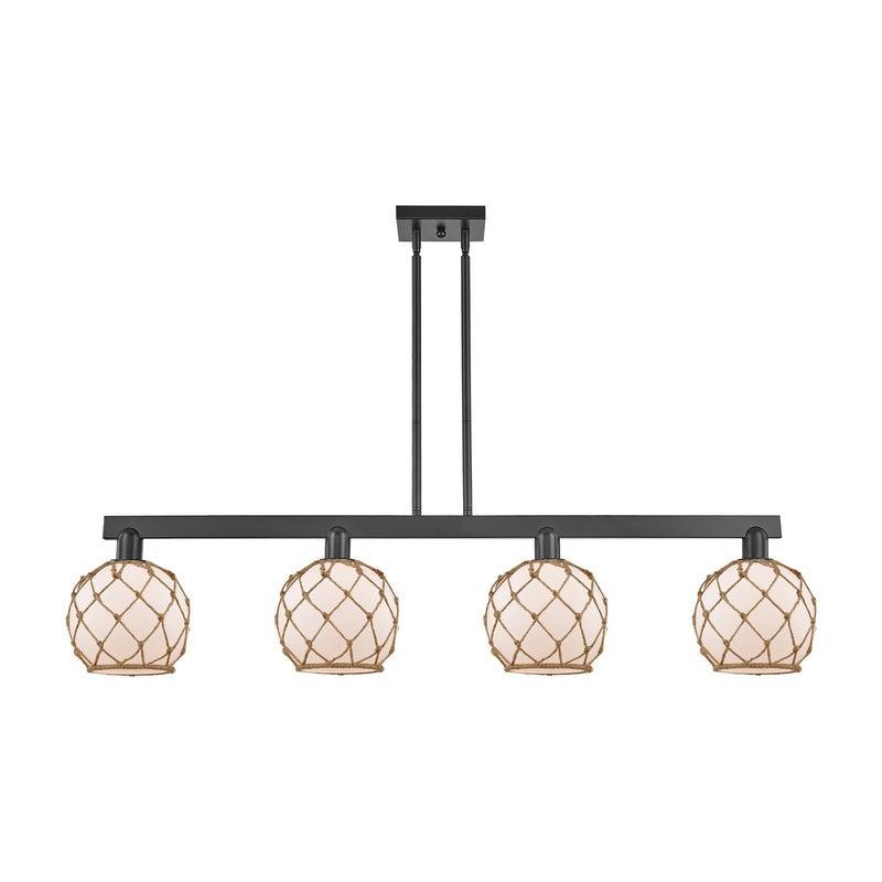 Innovations Farmhouse Rope 51in 4-Light Island Light | Industrial Matte Black Steel and White Frosted Glass with Brown Rope | Model 716-4I-BK-G121-8RB
