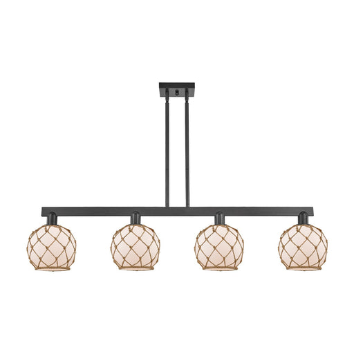 Innovations Farmhouse Rope 51in 4-Light Island Light | Industrial Matte Black Steel and White Frosted Glass with Brown Rope | Model 716-4I-BK-G121-8RB