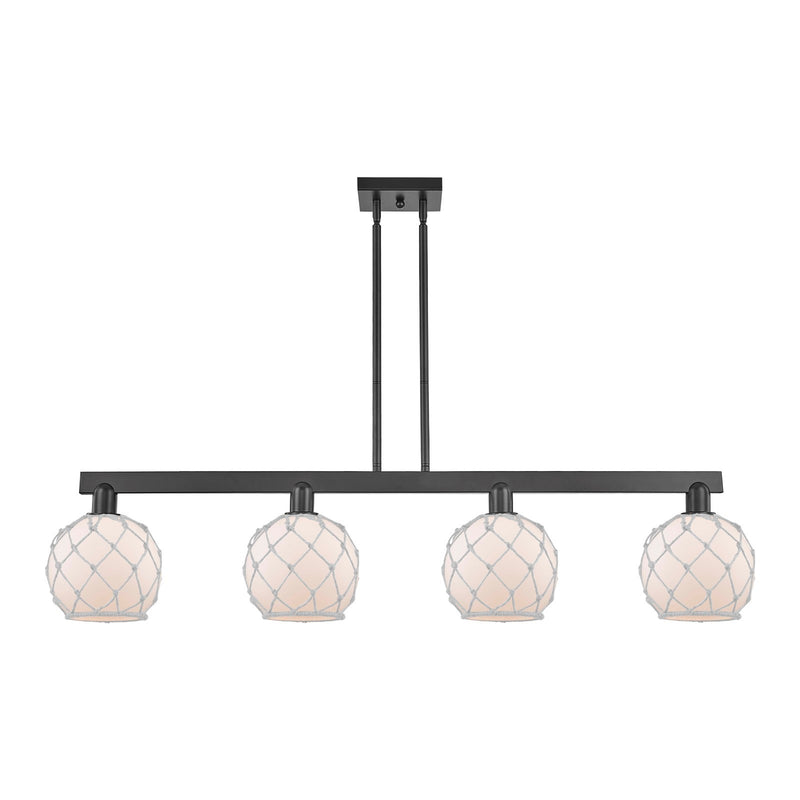 Innovations Farmhouse Rope 51in 4-Light Island Light | Industrial Matte Black Steel and White Frosted Glass with Rope | Kitchen | Model 716-4I-BK-G121-8RW