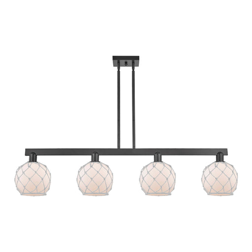Innovations Farmhouse Rope 51in 4-Light Island Light | Industrial Matte Black Steel and White Frosted Glass with Rope | Kitchen | Model 716-4I-BK-G121-8RW