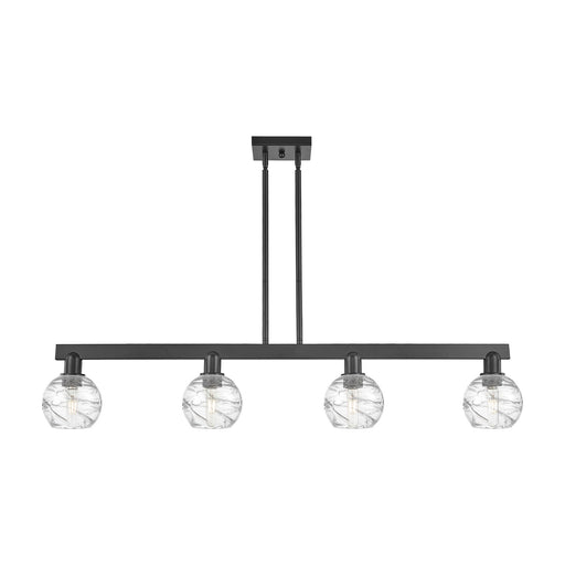 Innovations Athens Deco Swirl 48in 4-Light Island Light | Industrial Matte Black Steel and Clear Deco Swirl Glass | Kitchen | Model 716-4I-BK-G1213-6CL