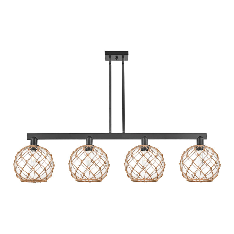 Innovations Farmhouse Rope 53in 4-Light Island Light | Industrial Matte Black Steel and Clear Glass with Brown Rope | Kitchen | Model 716-4I-BK-G122-10RB