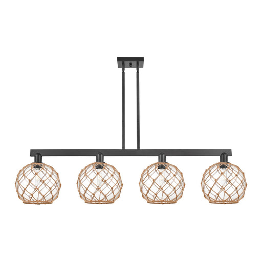 Innovations Farmhouse Rope 53in 4-Light Island Light | Industrial Matte Black Steel and Clear Glass with Brown Rope | Kitchen | Model 716-4I-BK-G122-10RB