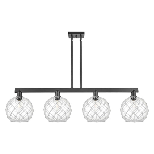 Innovations Farmhouse Rope 53in 4-Light Island Light | Industrial Matte Black Steel and Clear Glass with White Rope Shade | Model 716-4I-BK-G122-10RW