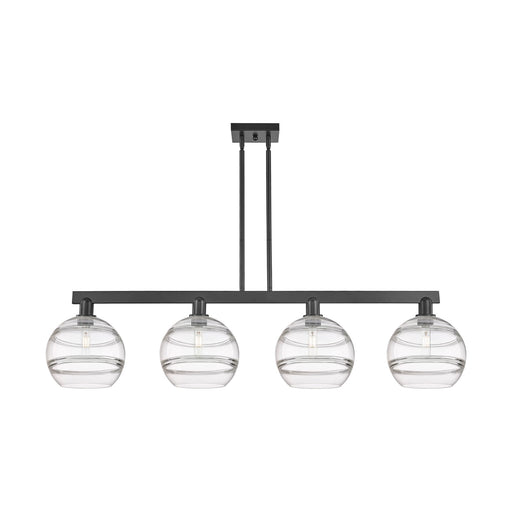 Innovations Rochester 53in 4-Light Island Light | Industrial Matte Black Steel and Clear Glass | Kitchen Island | Model 716-4I-BK-G556-10CL