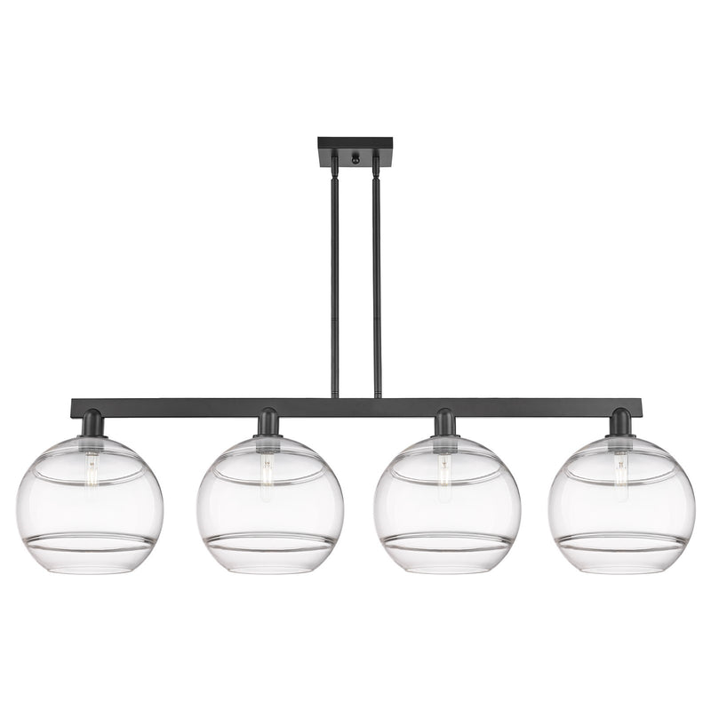 Innovations Rochester 55in 4-Light Island Light | Industrial Matte Black Steel and Clear Glass | Kitchen Island & Dining Room | Model 716-4I-BK-G556-12CL