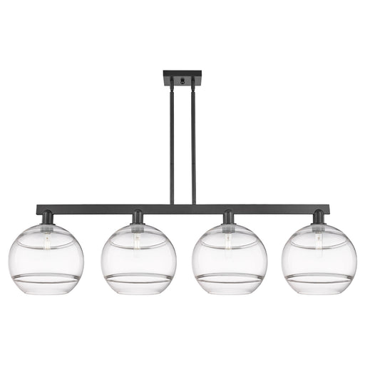 Innovations Rochester 55in 4-Light Island Light | Industrial Matte Black Steel and Clear Glass | Kitchen Island & Dining Room | Model 716-4I-BK-G556-12CL