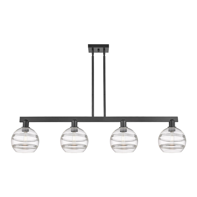 Innovations Rochester 51in 4-Light Island Light | Industrial Matte Black Steel and Clear Glass | Kitchen Island & Dining Room | Model 716-4I-BK-G556-8CL