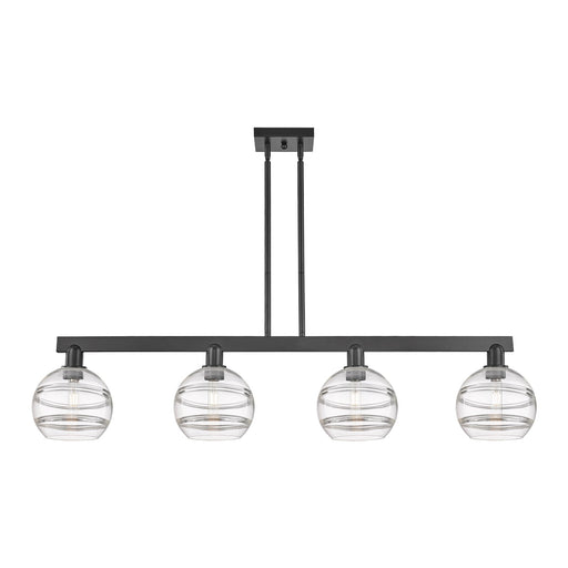 Innovations Rochester 51in 4-Light Island Light | Industrial Matte Black Steel and Clear Glass | Kitchen Island & Dining Room | Model 716-4I-BK-G556-8CL