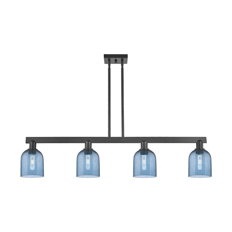Innovations Bella 48in 4-Light Island Light | Industrial Matte Black Steel and Blue Glass | Kitchen Island & Dining Room | Model 716-4I-BK-G558-6BL