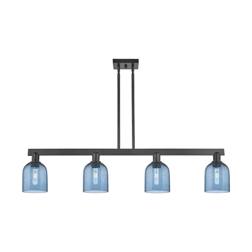 Innovations Bella 48in 4-Light Island Light | Industrial Matte Black Steel and Blue Glass | Kitchen Island & Dining Room | Model 716-4I-BK-G558-6BL