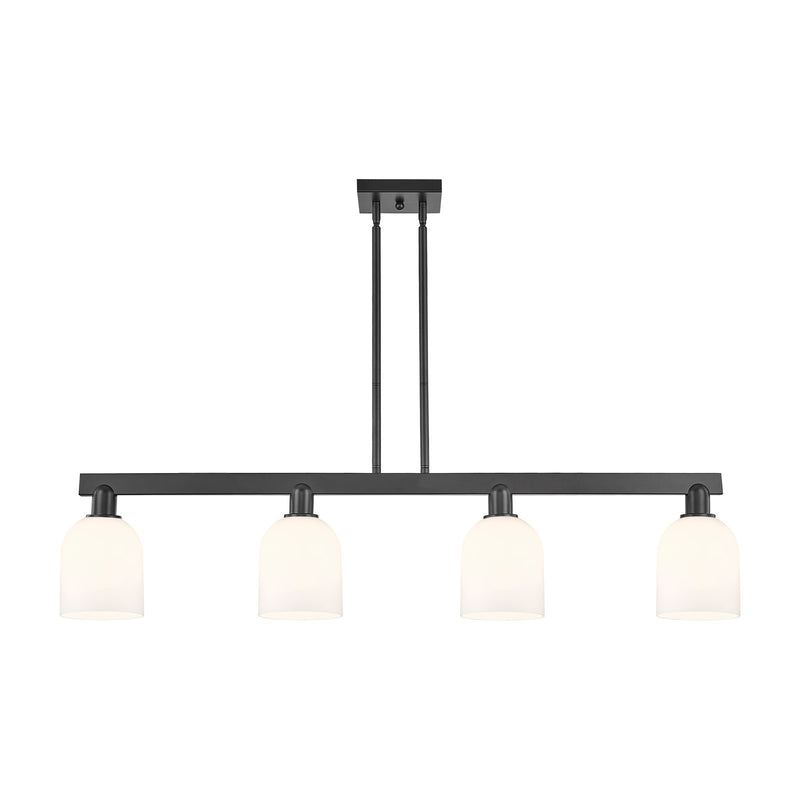 Innovations Bella 48in 4-Light Island Light | Industrial Matte Black Steel and White Glass | Kitchen Island & Dining Room | Model 716-4I-BK-G558-6GWH