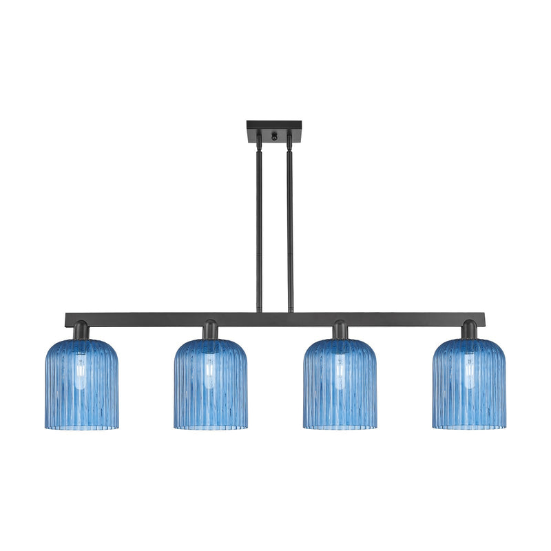 Innovations Bridal Veil 51in 4-Light Island Light | Industrial Matte Black Steel and Princess Blue Ribbed Glass | Kitchen | Model 716-4I-BK-G559-8BL