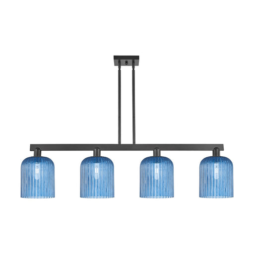 Innovations Bridal Veil 51in 4-Light Island Light | Industrial Matte Black Steel and Princess Blue Ribbed Glass | Kitchen | Model 716-4I-BK-G559-8BL