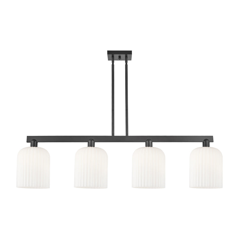 Innovations Bridal Veil 51in 4-Light Island Light | Industrial Matte Black Steel and Gloss White Ribbed Glass | Kitchen Island | Model 716-4I-BK-G559-8GWH