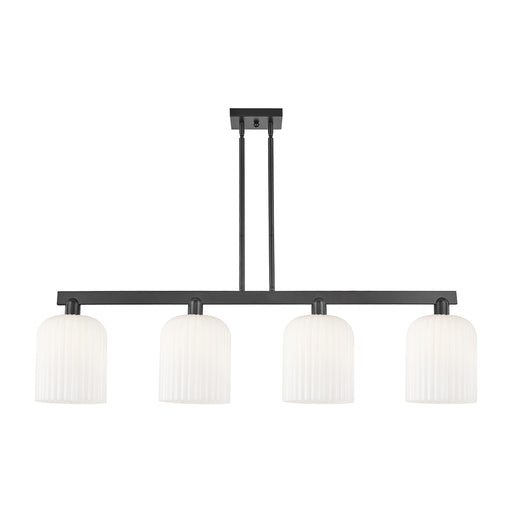 Innovations Bridal Veil 51in 4-Light Island Light | Industrial Matte Black Steel and Gloss White Ribbed Glass | Kitchen Island | Model 716-4I-BK-G559-8GWH