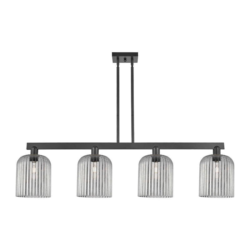 Innovations Bridal Veil 51in 4-Light Island Light | Industrial Matte Black Steel and Light Smoke Ribbed Glass | Kitchen Island | Model 716-4I-BK-G559-8SM