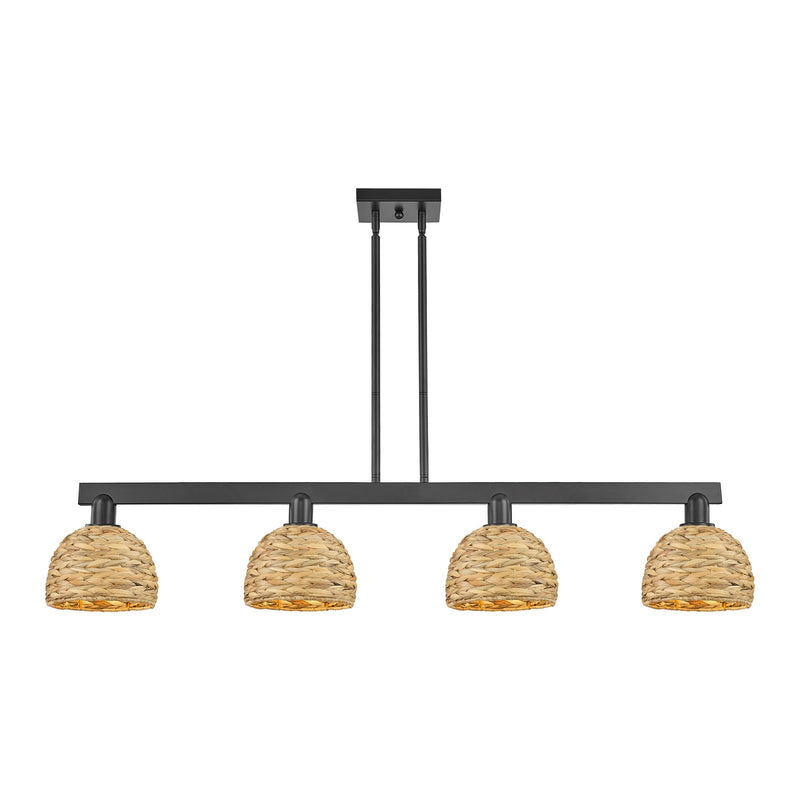 Innovations Woven Rattan 51in 4-Light Island Light | Industrial Matte Black Steel and Natural Fiber Dome Shade | Kitchen | Model 716-4I-BK-RBD-8-NAT