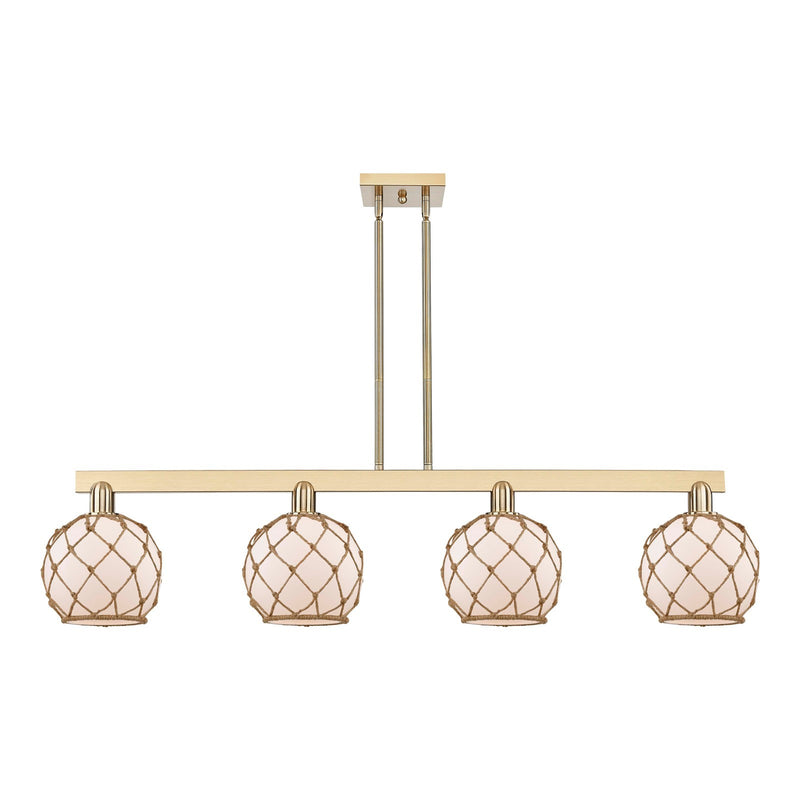 Innovations Farmhouse Rope 51in 4-Light Island Light | Industrial Champagne Bronze Steel and White Glass with Brown Rope | Model 716-4I-CB-G121-8RB