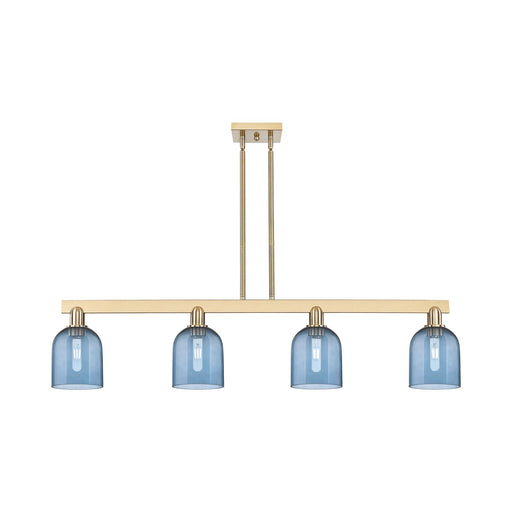 Innovations Bella 48in 4-Light Island Light | Industrial Champagne Bronze Steel and Blue Glass | Kitchen Island & Dining Room | Model 716-4I-CB-G558-6BL