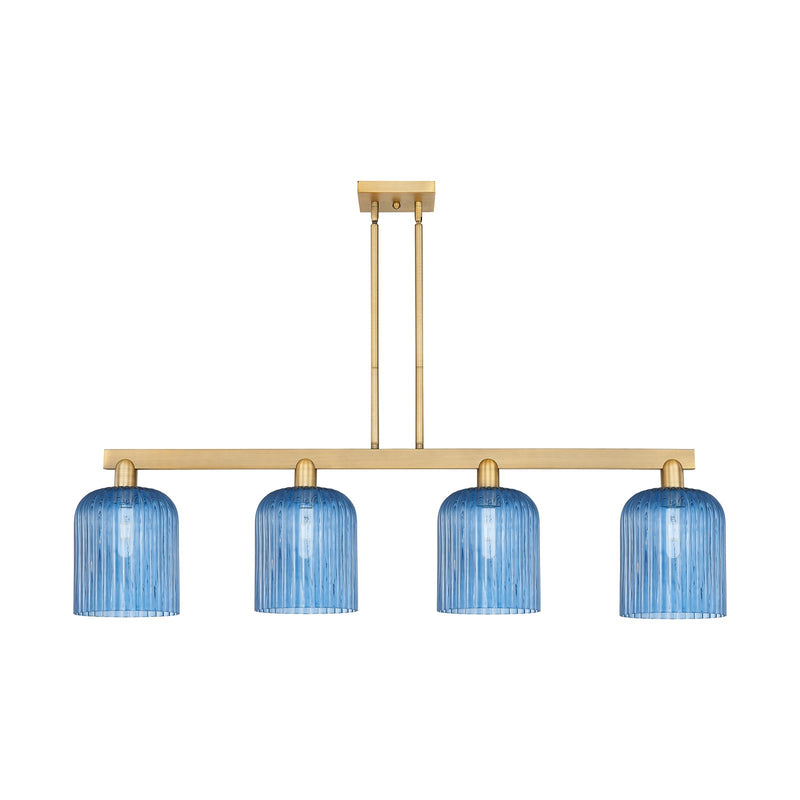 Innovations Bridal Veil 51in 4-Light Island Light | Industrial Champagne Bronze Steel and Princess Blue Ribbed Glass | Kitchen | Model 716-4I-CB-G559-8BL