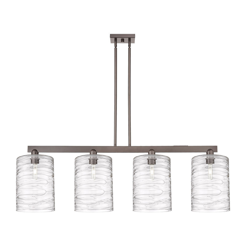 Innovations Cobbleskill 52in 4-Light Island Light | Industrial Oil Rubbed Bronze and Deco Swirl Glass | Kitchen Island & Dining | Model 716-4I-OB-G1113-L