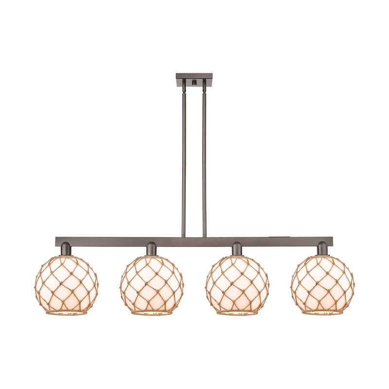 Innovations Farmhouse Rope 53in 4-Light Island Light | Industrial Oil Rubbed Bronze Steel and Matte White Glass with Brown | Model 716-4I-OB-G121-10RB