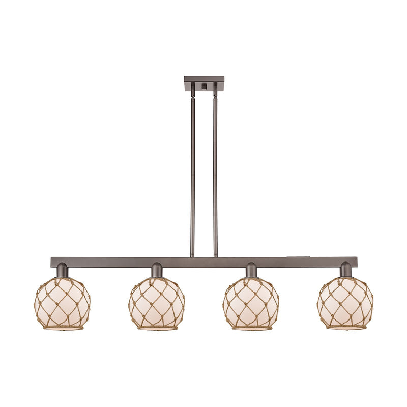 Innovations Farmhouse Rope 51in 4-Light Island Light | Industrial Oil Rubbed Bronze Steel and White Frosted Glass with Brown | Model 716-4I-OB-G121-8RB
