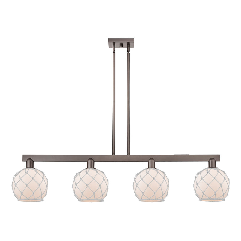 Innovations Farmhouse Rope 51in 4-Light Island Light | Industrial Oil Rubbed Bronze Steel and White Frosted Glass Rope Shade | Model 716-4I-OB-G121-8RW